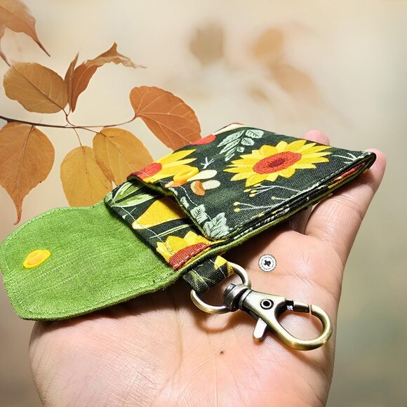 Mini Wallet Pouch with Keyring | Cottagecore Bag Charm | Mushroom Sunflower - Picture 3 of 7